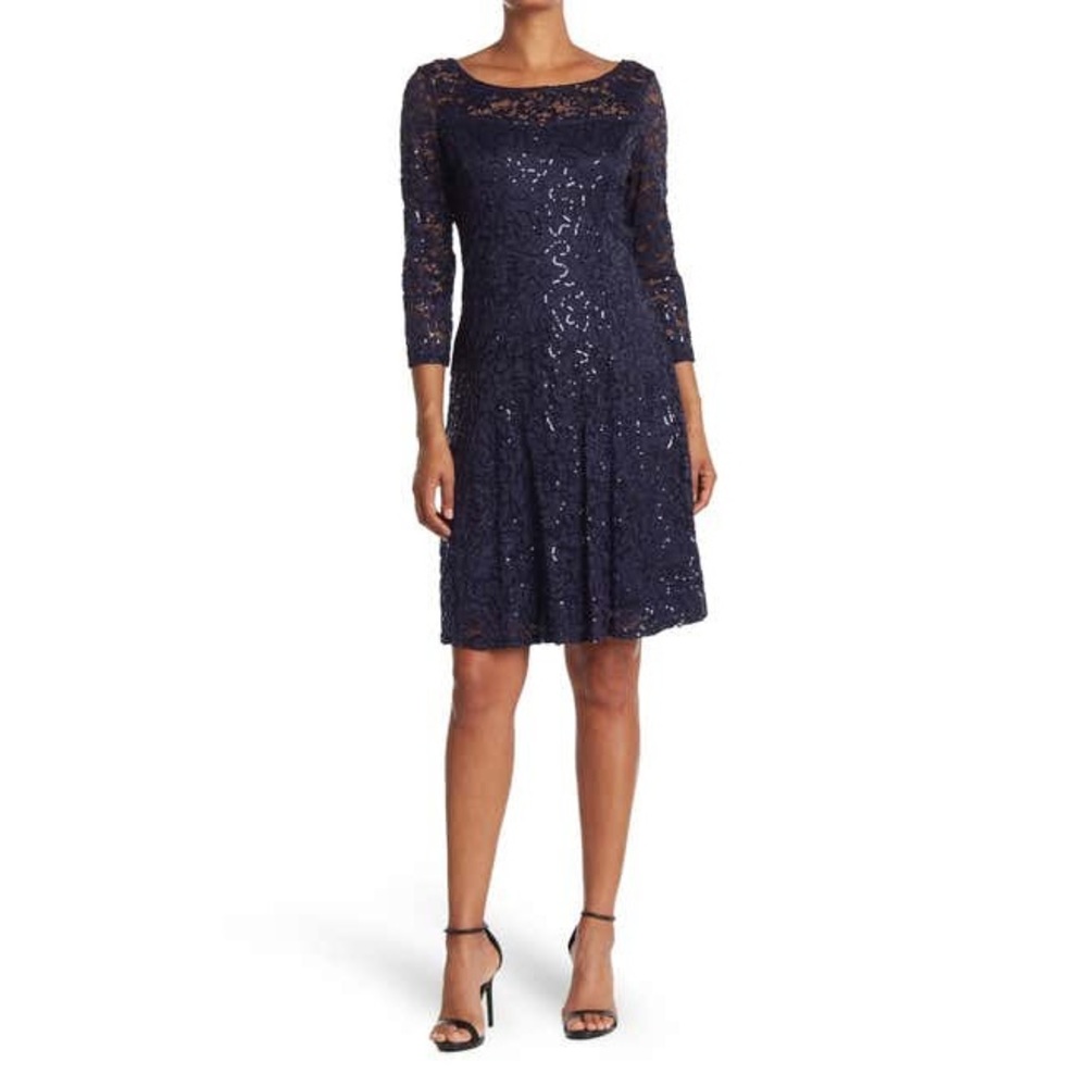 Nordstrom Rack Marina Navy Blue Fit and Flare Sequin Lace Dress